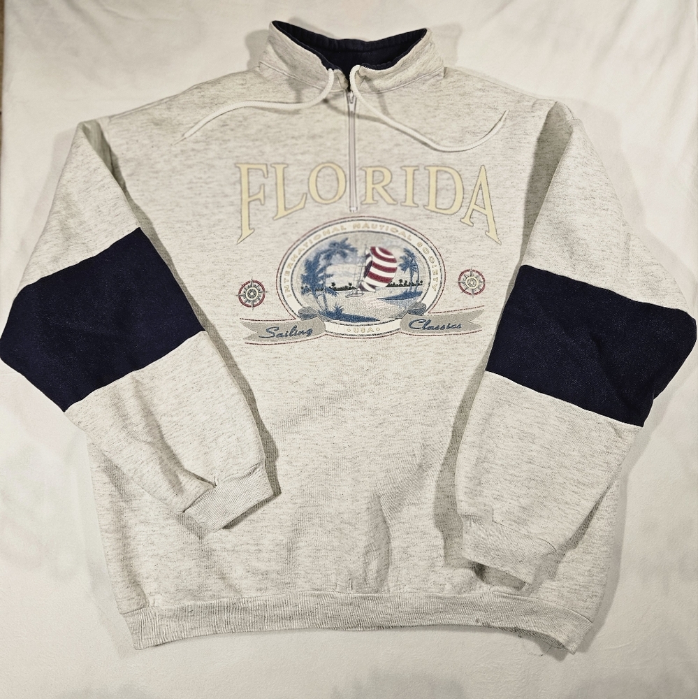 Gray and Navy Vintage Florida 1/4 Zip Color Block Nautical Sailing Sweatshirt